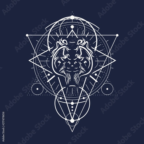 Mystical geometry symbol. Linear alchemy, occult, philosophical sign. Decorative orangutan head. For music album cover, poster, sacramental design. Astrology and religion concept.