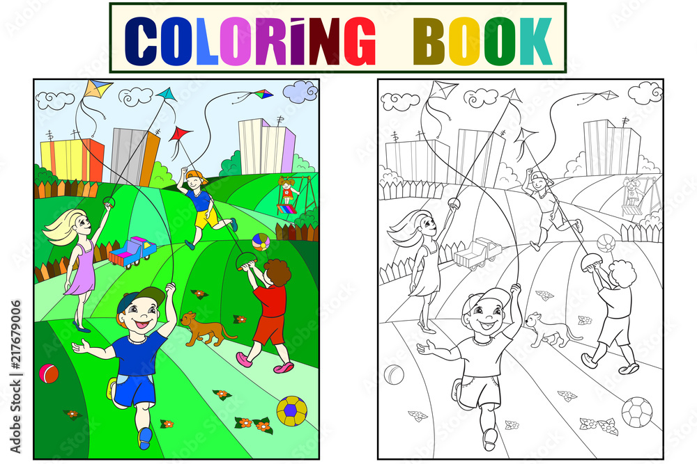 Obraz premium Children coloring, color, black and white game kite flying