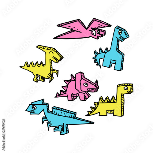 Colorful Dino drawing 3d style set vector illustration.