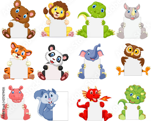 Wild animals cartoon holding blank sign