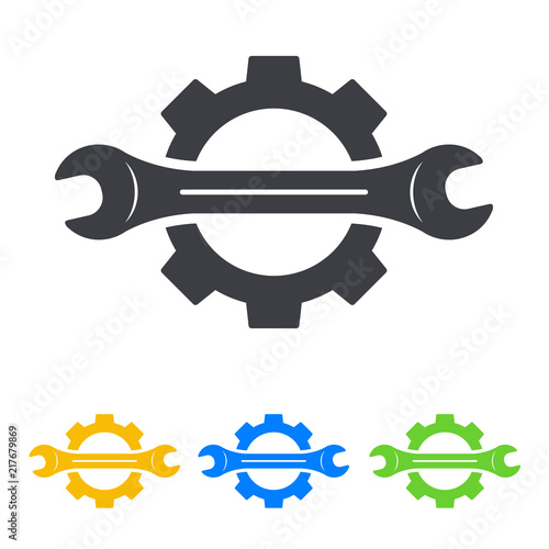 Icono plano engranaje con llave en horizontal en varios colores