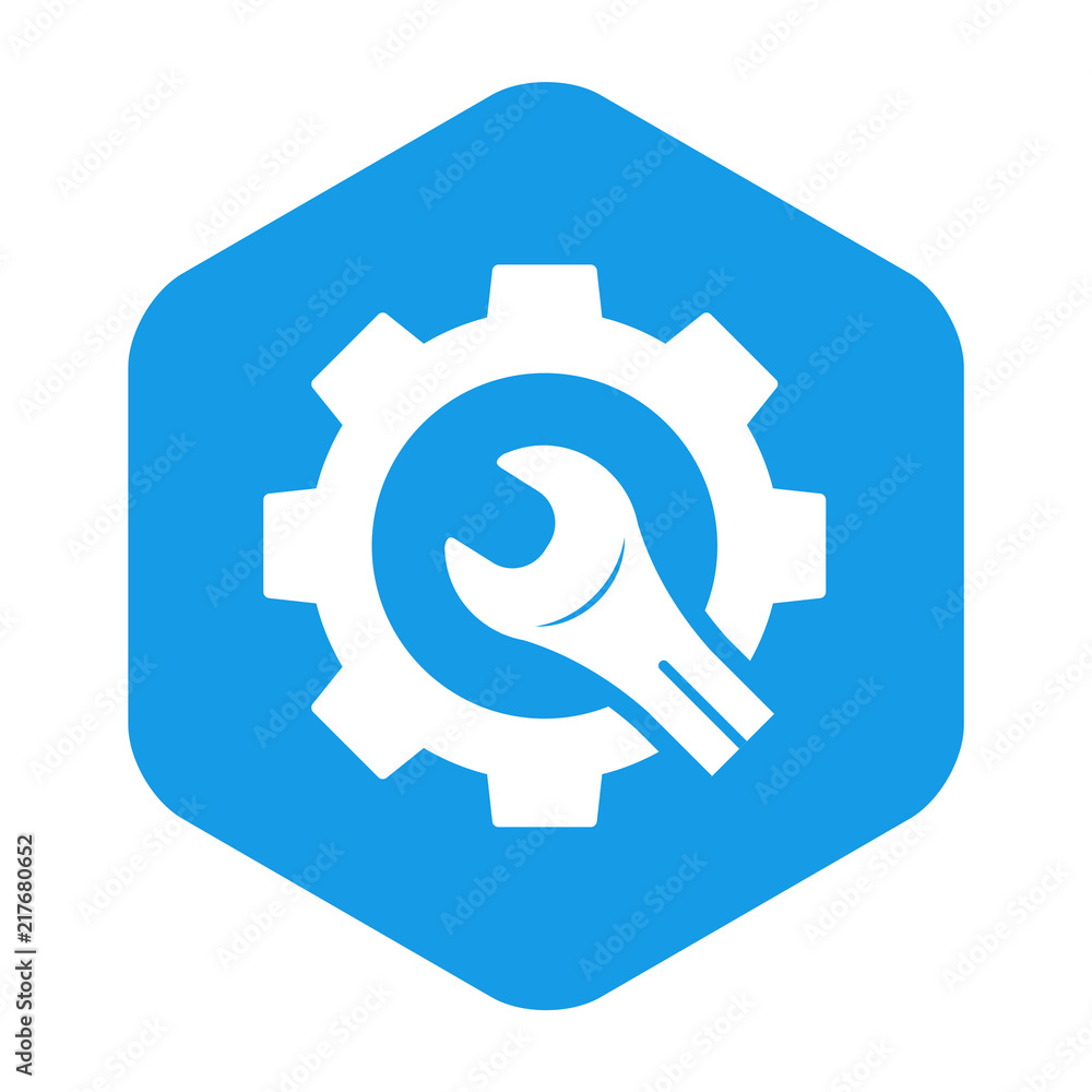 Icono plano engranaje con llave cortada en hexagono azul. Icono plano engranaje con llave cortada en hexagono azul.