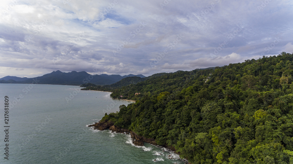 Aerial View of Koh Chang, Thailand with trees and blue water