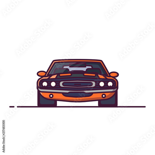 Front view of yellow muscle sport car with muscle, big engine. Challenge car for races. Line style vector illustration. Vehicle and transport banner. Retro style old car from 60s.