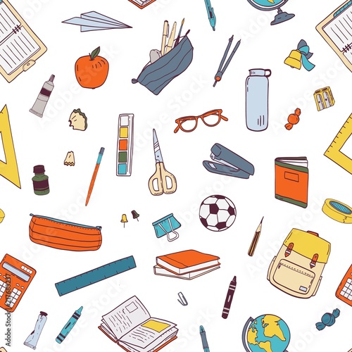 Seamless pattern with school stationery and tools for learning, studies, education. Knowledge day or 1 September backdrop. Colored vector illustration in realistic style for wrapping paper, wallpaper.