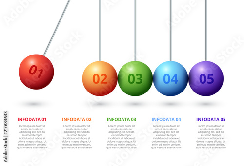 Vector pendulum infographic with 5 spheres. Abstract presentation template. Modern vector infochart layout design.