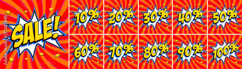 Big red sale set. Sale inscription and all percent numbers. Yellow and red colors. Pop-art comics style web banners, flash animation, stickers, tags.