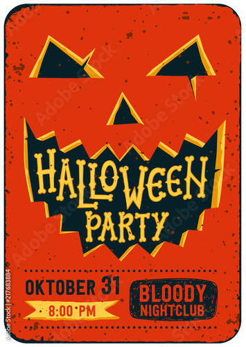 Halloween party invitation card. Halloween pumpkin with carved face and text ...