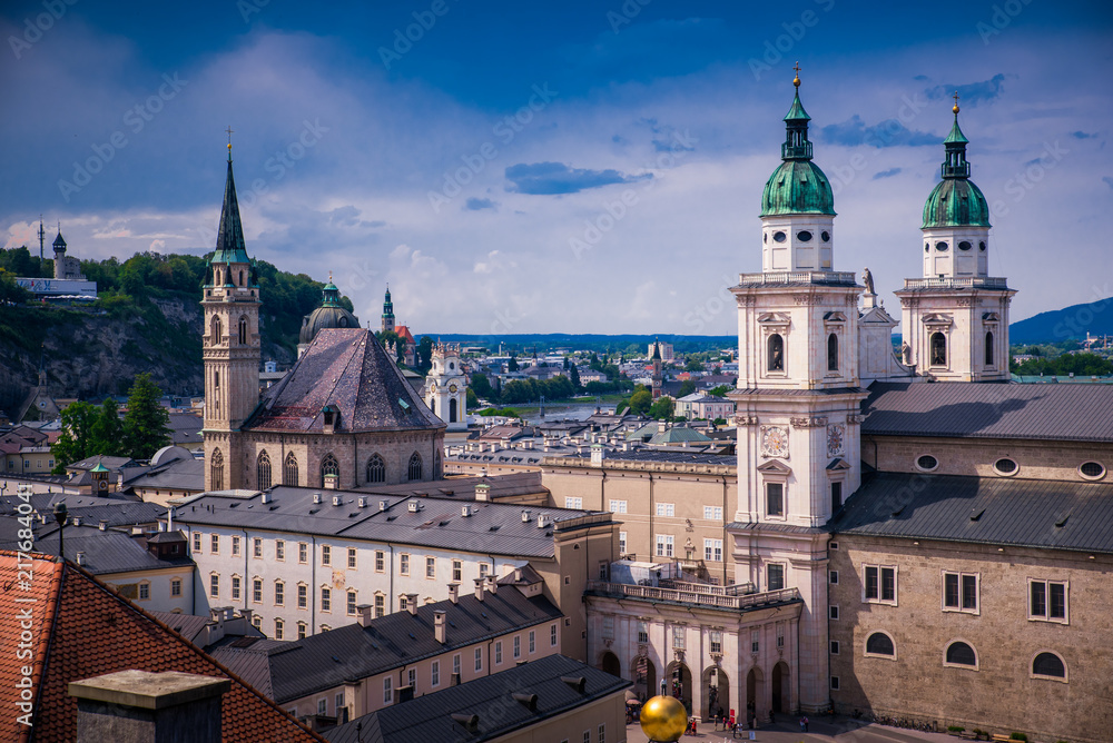View on Historic city of Salzburg with famous Salzburg Cathedral