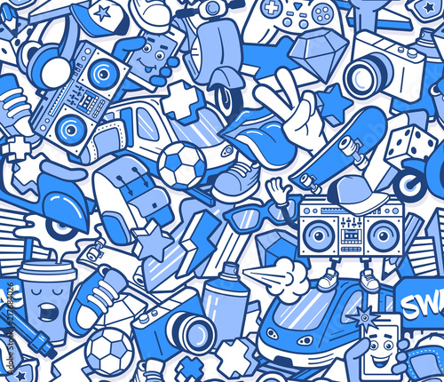 Graffiti seamless pattern with urban lifestyle line icons. Crazy doodle abstract vector background. Trendy linear style collage with bizarre street art elements.