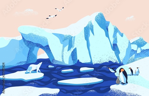 Beautiful Arctic or Antarctic landscape. Gorgeous scenery with large icebergs floating in ocean, polar bear, penguins and seagulls. Colorful vector illustration in modern flat cartoon style.