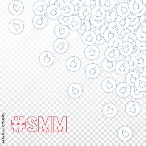 Social media icons. Social media marketing concept. Falling scattered thumbs up. Scattered top right