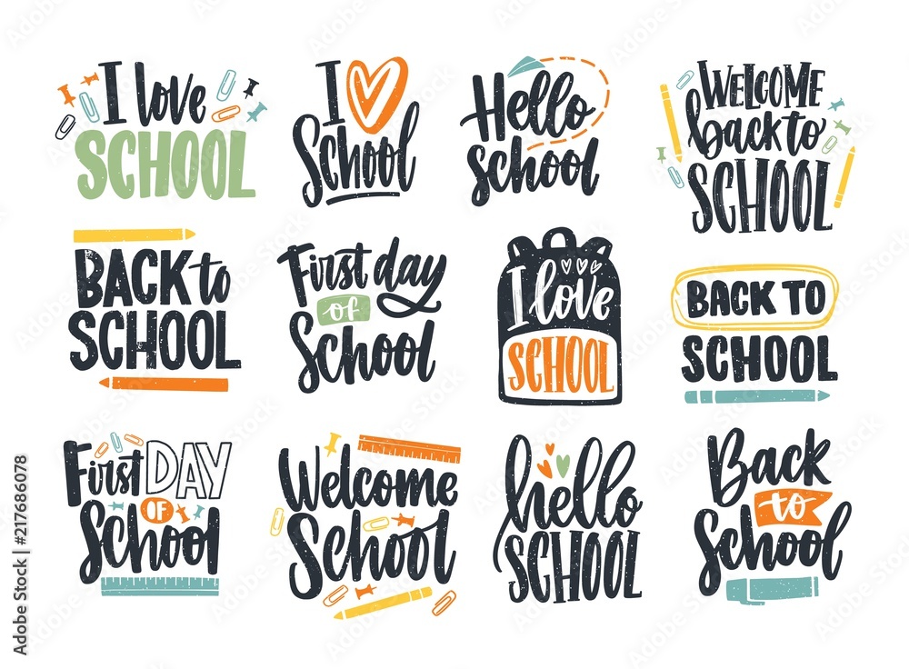 Bundle of Back to School inscriptions handwritten with cursive font and decorated with stationary or writing tools. Set of written phrases isolated on white background. Colorful vector illustration. - obrazy, fototapety, plakaty 