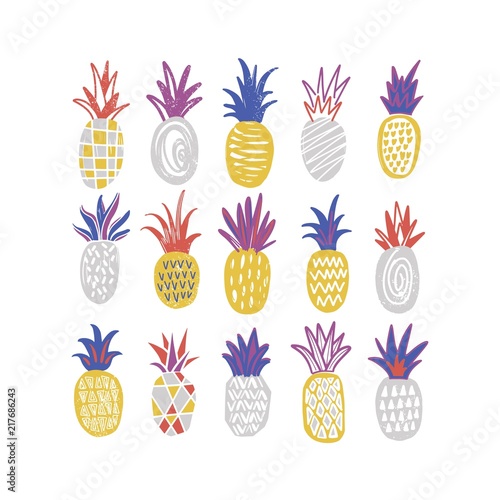 Bundle of stylized pineapples of various texture isolated on white background...
