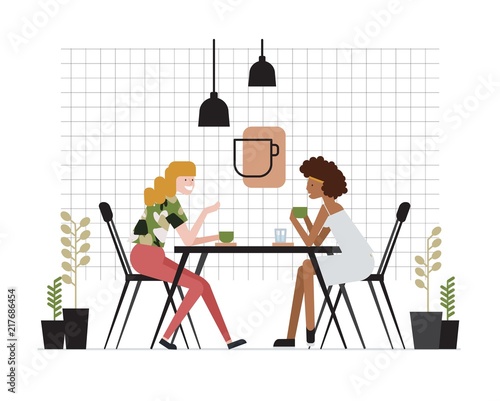 Pair of young women of girlfriends sitting at table, drinking tea and talking. Friendly meeting and conversation at cafe. Funny cartoon characters. Colored vector illustration in flat style.