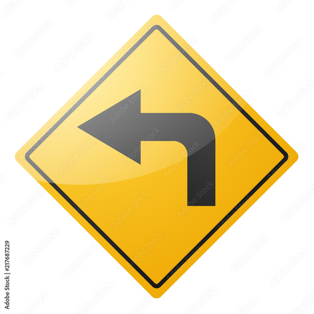 Yellow road sign, arrow, turn to the left, on a white background. Isolate.