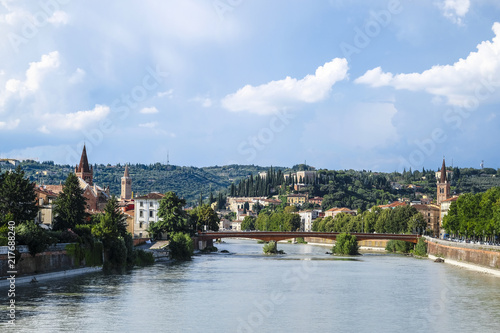Verona  Italy - July  23  2018  embankment of Adige river in Verona  Italy