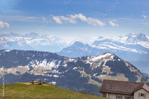 Top of Rigi Kulm Luzern Switzerland with Alps snow mountain view a
