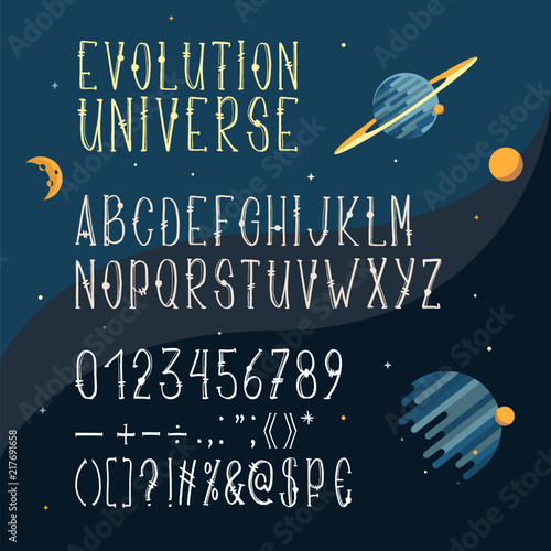 Vector hand drawn font, Latin alphabet, capital letters with numbers and symbols isolated on space background with planets and stars. Cartoon serif typeface for headlines, uppercase