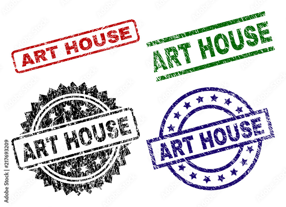 ART HOUSE seal prints with corroded style. Black, green,red,blue vector rubber prints of ART HOUSE tag with corroded style. Rubber seals with round, rectangle, medallion shapes. ART HOUSE seal prints with corroded style. Black, green,red,blue vector rubber prints of ART HOUSE tag with corroded style. Rubber seals with round, rectangle, medallion shapes.