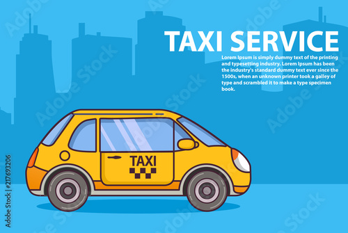 Yellow taxi service. Vehicle urban city buildings of a tower skyscraper. Design concept poster. Flat line art vector.Car cab hatchback side view 