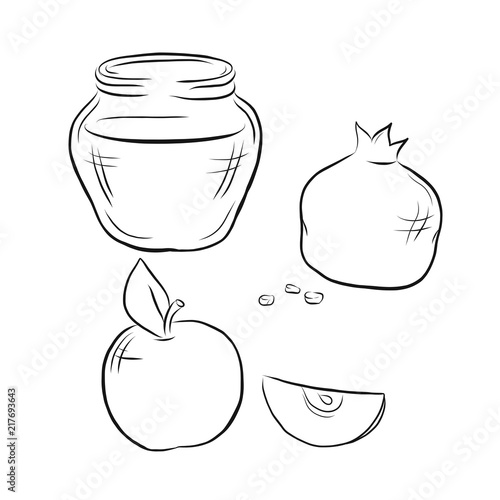 Hand drawn outline apple, honey and pomegranate illustration for poster, banner, greeting card, harvest holiday invitation, Thanksgiving day, Rosh Hashanah