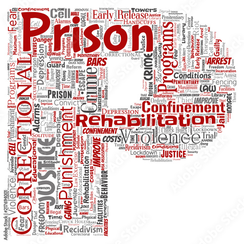 Vector conceptual prison, justice, crime letter font P red word cloud isolated background. Collage of punishment, law, rights, social, authority, system, civil, trial, rehabilitation, freedom concept