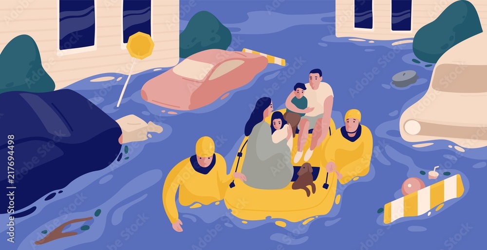Flood survivors sitting in inflatable boat rescued by pair of rescuers.  Family saved from flooded area or town. People and natural disaster.  Colorful vector illustration in flat cartoon style. Stock-Vektorgrafik |  Adobe