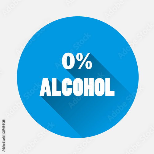 0% alcohol. Vector icon on blue background. Flat image alcohol-free with long shadow. Layers grouped for easy editing illustration. For your design.