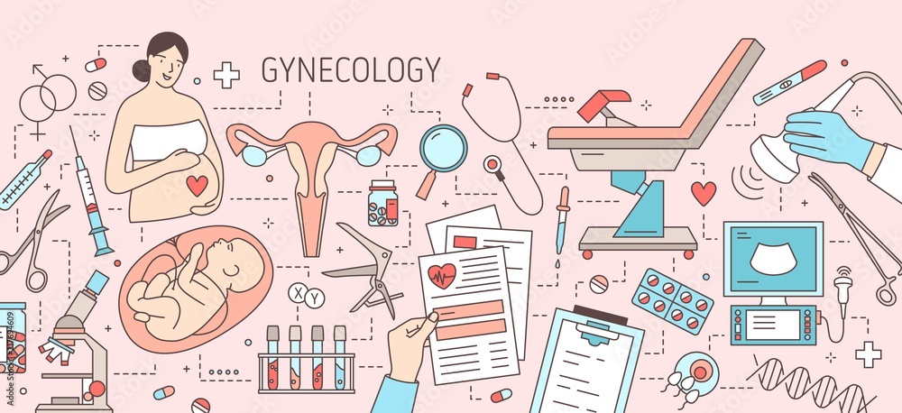 Creative horizontal banner with pregnant woman, baby in womb, uterus, gynecological examination chair and tools. Female health and medical care. Colored vector illustration in line art style.