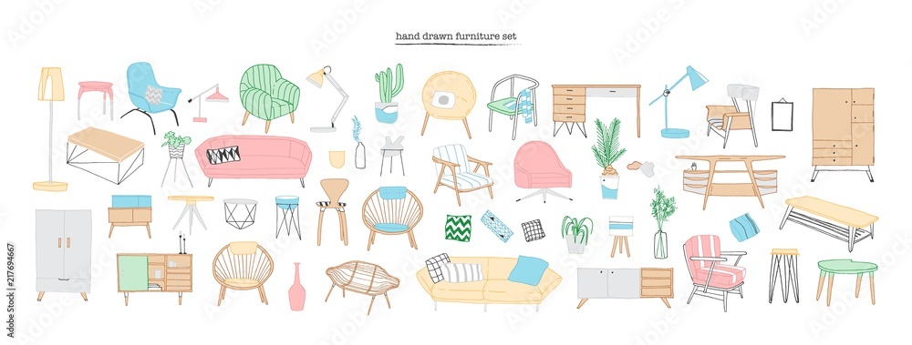 Collection of trendy and comfortable furniture, furnishings and home interior decorations of Scandic or hygge style isolated on white background. Colorful hand drawn realistic vector illustration.