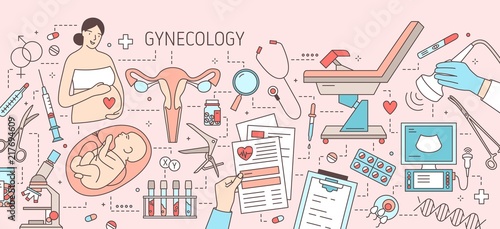 Creative horizontal banner with pregnant woman, baby in womb, uterus, gynecological examination chair and tools. Female health and medical care. Colored vector illustration in line art style.