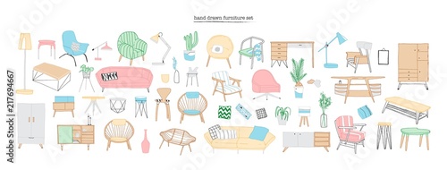 Collection of trendy and comfortable furniture, furnishings and home interior decorations of Scandic or hygge style isolated on white background. Colorful hand drawn realistic vector illustration. © Good Studio