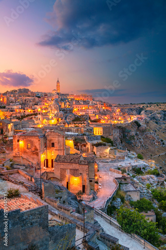 Obraz na płótnie Matera, Italy. Cityscape aerial image of medieval city of Matera, Italy during beautiful sunset. w salonie