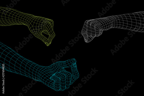 Hand sprinkling gesture. Isolated on black background. Vector wireframe illustration
