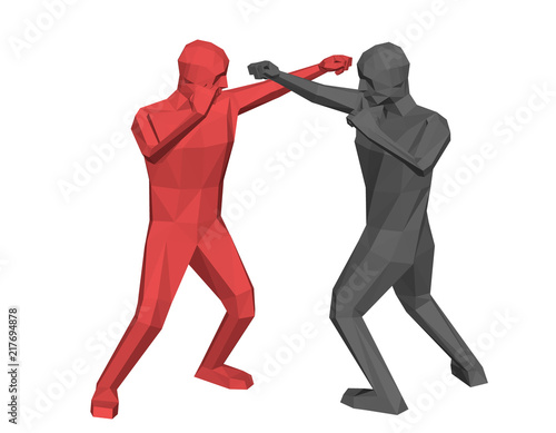Low poly men fighting. Isolated on white background. Vector illustration.
