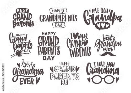 Set of Grandparents Day inscriptions or letterings isolated on white background. Bundle of festive wishes and slogans written with elegant cursive fonts. Monochrome decorative vector illustration.