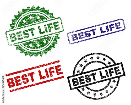 BEST LIFE seal stamps with distress surface. Black, green,red,blue vector rubber prints of BEST LIFE tag with grunge surface. Rubber seals with circle, rectangle, medal shapes.