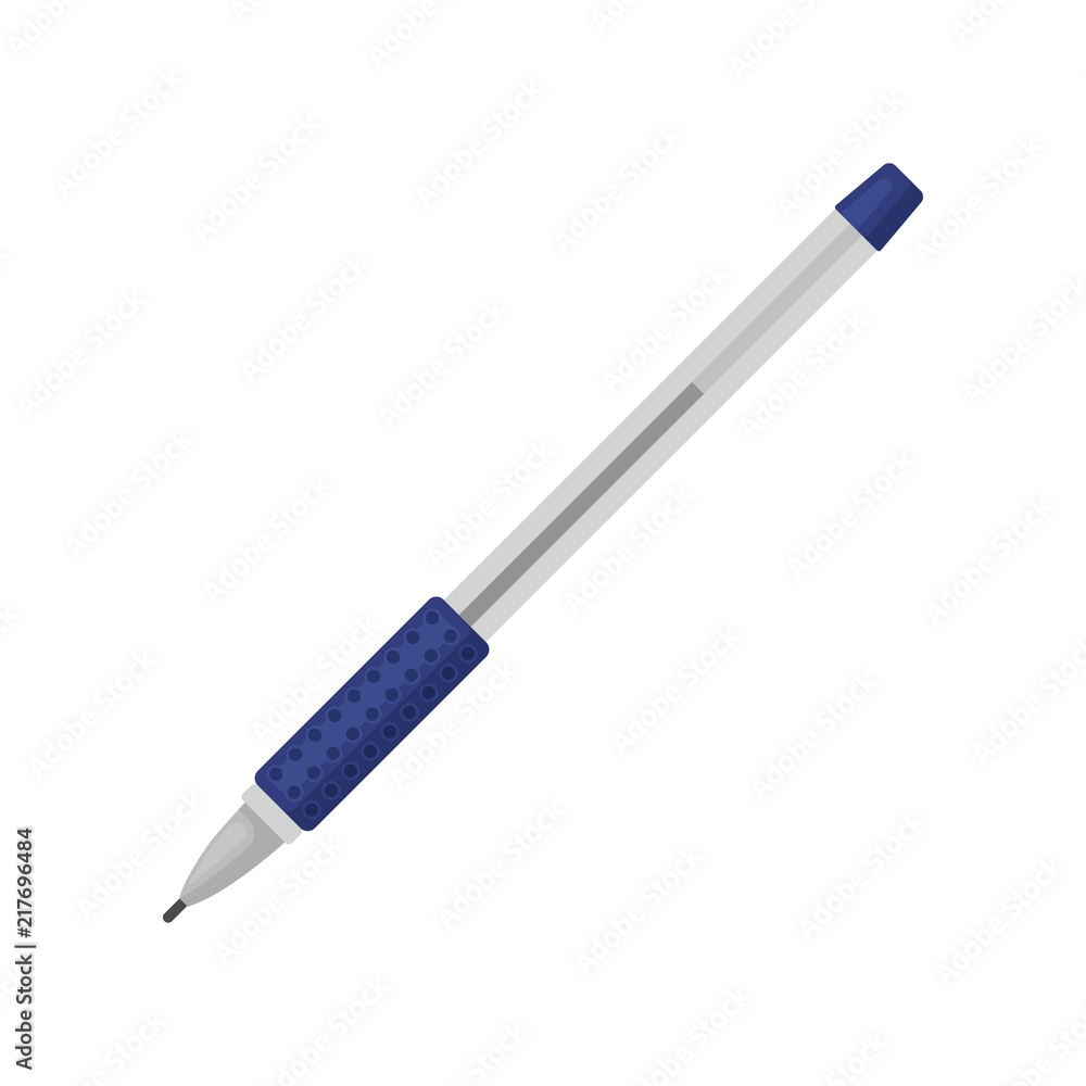 Flat vector icon of classic blue ballpoint pen. Equipment for writing and drawing. Office and school supplies theme Flat vector icon of classic blue ballpoint pen. Equipment for writing and drawing. Office and school supplies theme