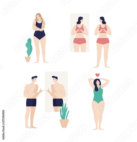 Men and women dressed in underwear looking in mirror and enjoying their bodies isolated on white background. Self-acceptance, satisfaction with appearance. Flat cartoon colorful vector illustration.