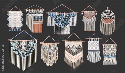 Bundle of macrame wall hangings isolated on black background. Set of handcrafted house decorations in Scandinavian style made of interwoven cord. Flat cartoon colored hand drawn vector illustration.