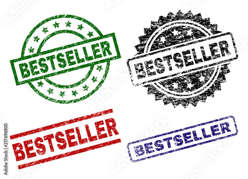 BESTSELLER seal prints with distress surface. Black, green,red,blue vector rubber prints of BESTSELLER text with corroded surface. Rubber seals with round, rectangle, rosette shapes.