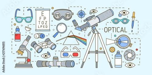 Modern horizontal web banner template with optical, eyesight correction devices, ophtalmic and visual acuity tools on light background. Colorful vector illustration in trendy line art style.