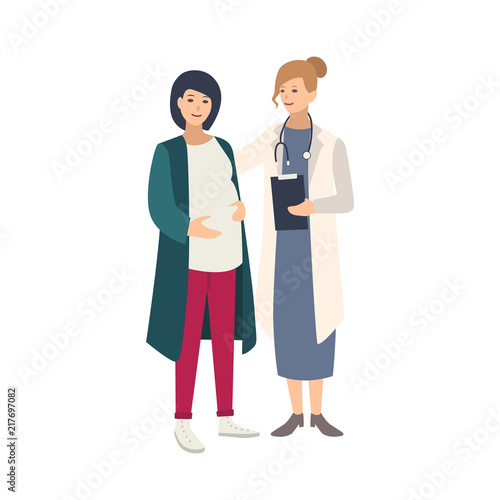 Cheerful pregnant woman standing together with female doctor, physician or midwife and talking to her. Healthy pregnancy, reproductive health. Colorful vector illustration in flat cartoon style.