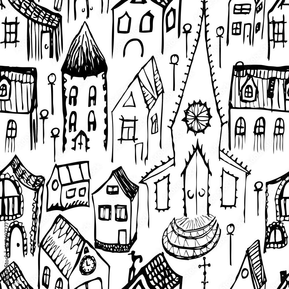 Vector background of drawn old city