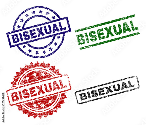 BISEXUAL seal prints with corroded style. Black, green,red,blue vector rubber prints of BISEXUAL text with corroded surface. Rubber seals with round, rectangle, medallion shapes.