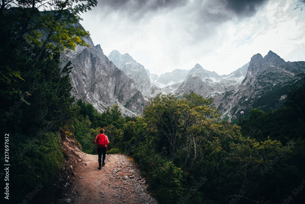 Woman hike in mountains, red backpack, rocks in background, green wild nature, edit space