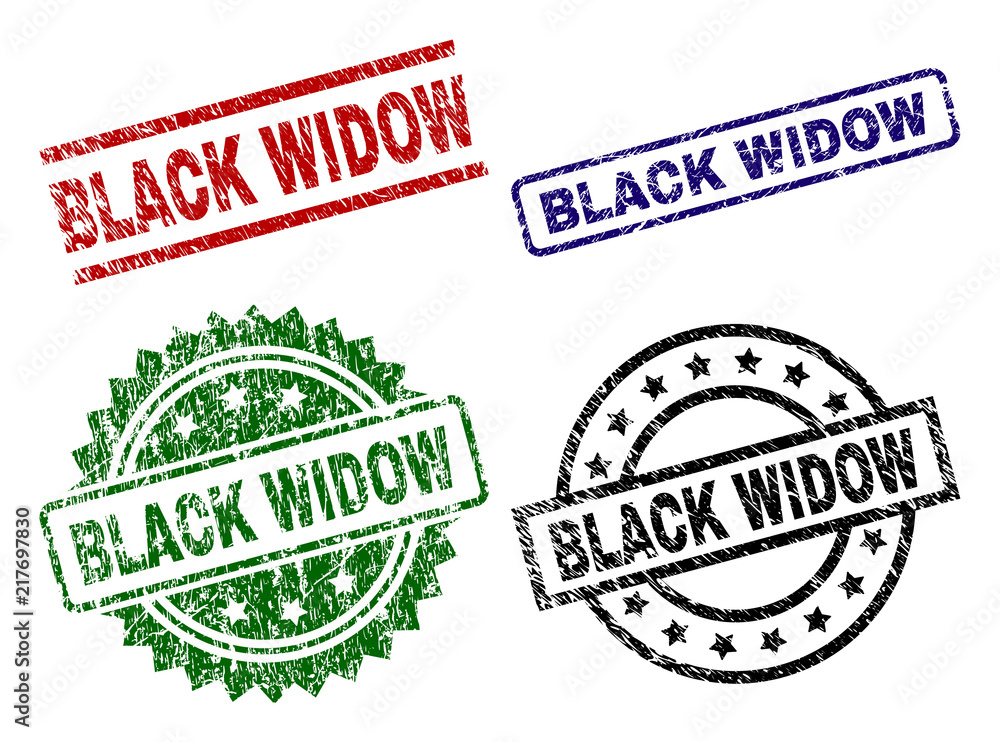 BLACK WIDOW seal prints with corroded style. Black, green,red,blue vector rubber prints of BLACK WIDOW title with dirty style. Rubber seals with circle, rectangle, medallion shapes. BLACK WIDOW seal prints with corroded style. Black, green,red,blue vector rubber prints of BLACK WIDOW title with dirty style. Rubber seals with circle, rectangle, medallion shapes.