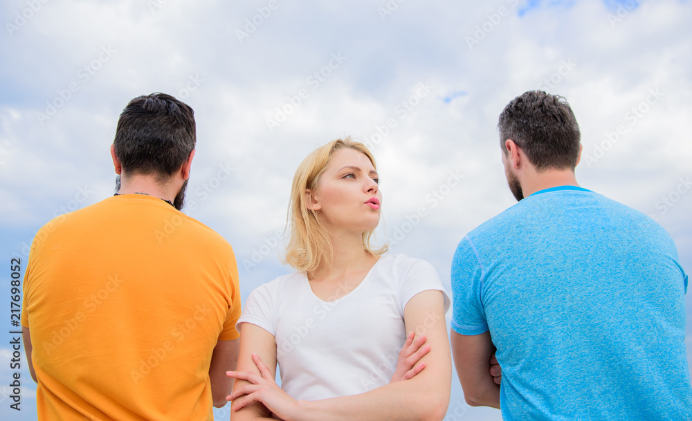 Fototapeta premium Best traits of great boyfriend. Girl thinking whom she going ask dating. Everything you need to know about choosing right guy. Girl stand in front two faceless men. She needs to pick better boyfriend