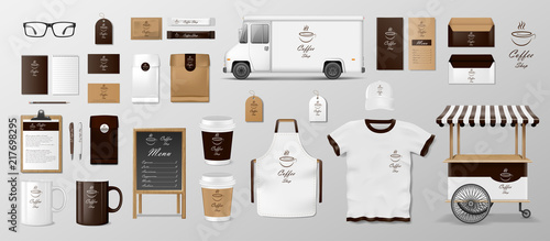 Mockup set for coffee shop, cafe or restaurant. Coffee food package for corporate identity design. Realistic set of cardboard, Food delivery truck, cup, pack, shirt, menu